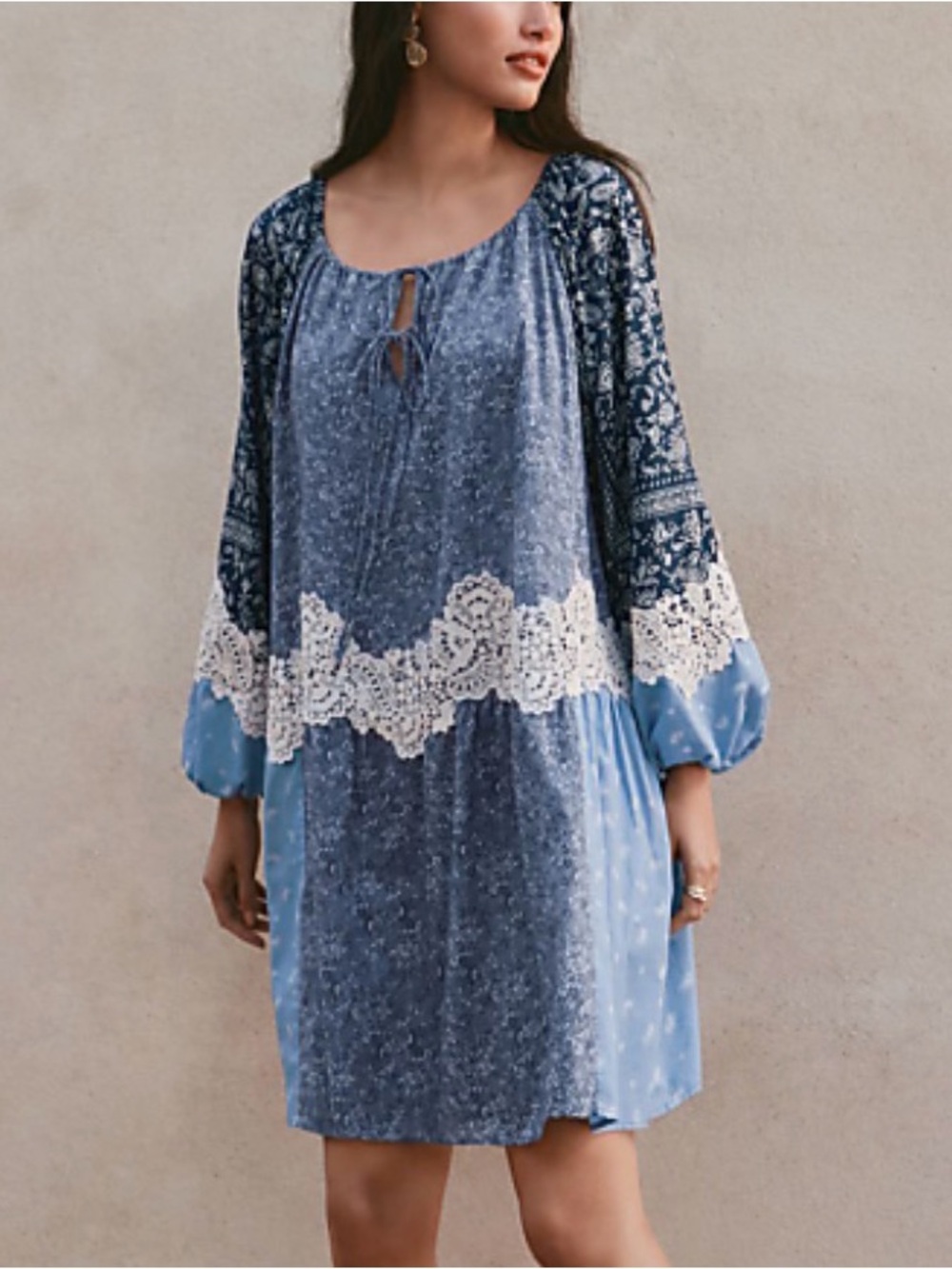 LOFT Blue Lace-Accent Peasant Dress